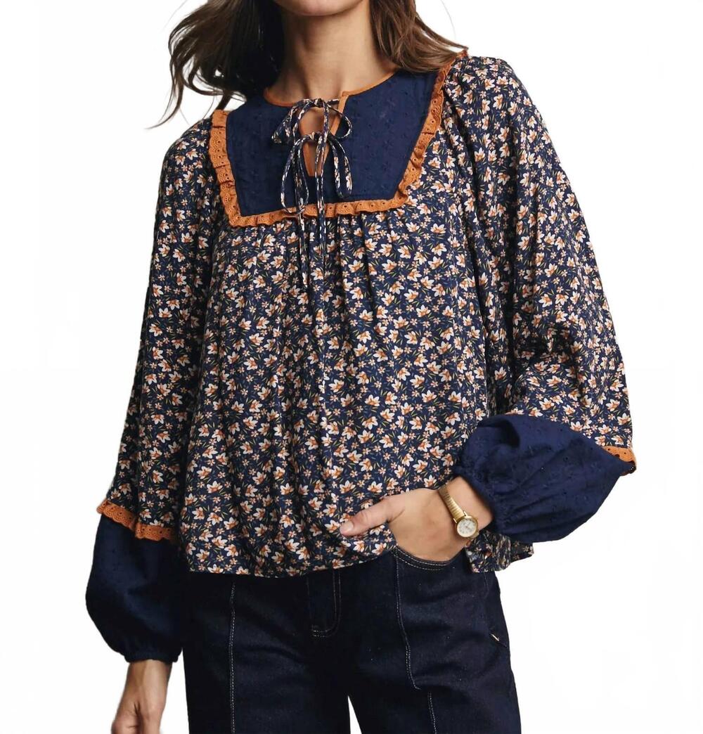 NEW FORTE patchwork peasant blouse in navy